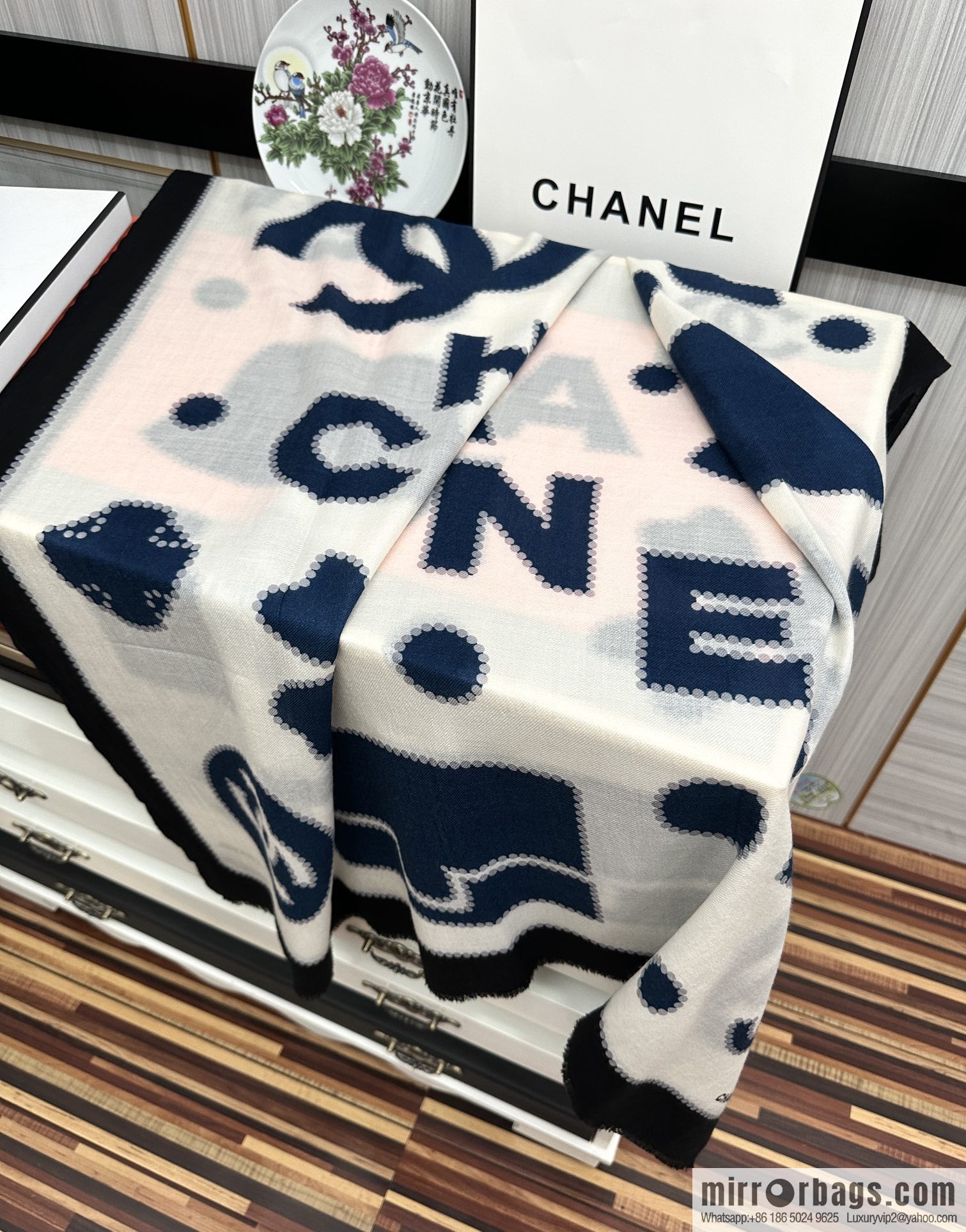 Chanel perfume bottle cashmere scarf