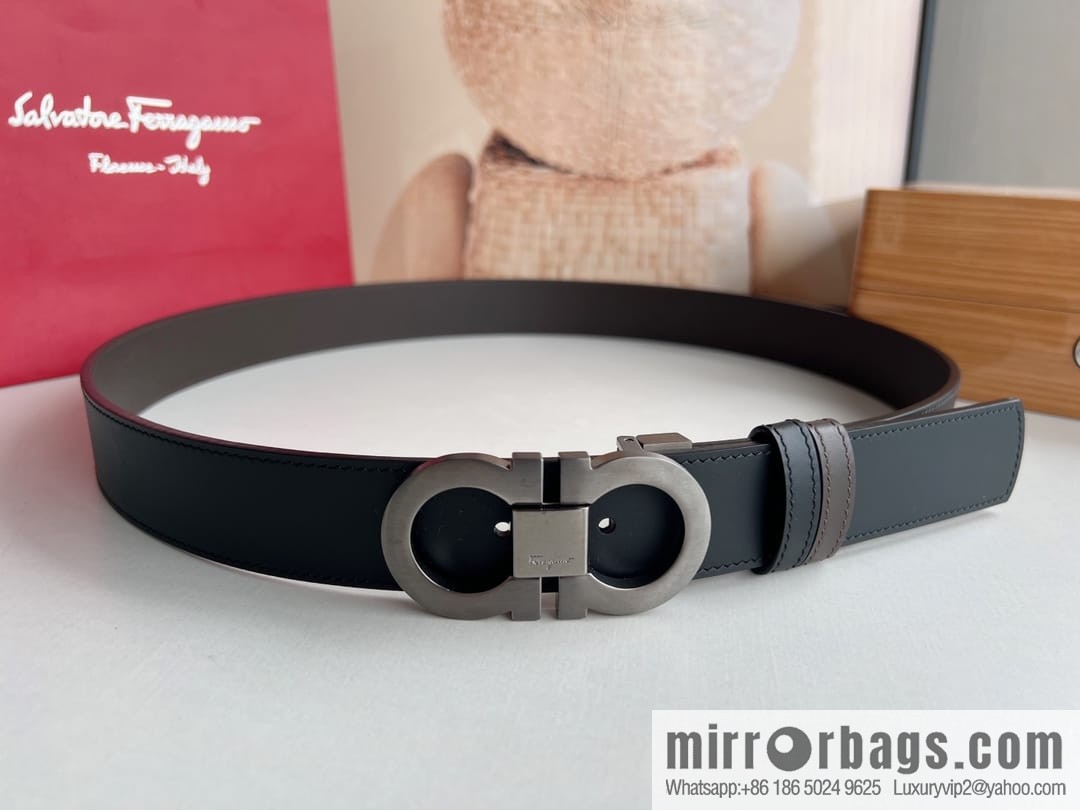 Ferragamo Men's Counter Match Metal Buckle, First Layer Cowhide Double-sided External Belt