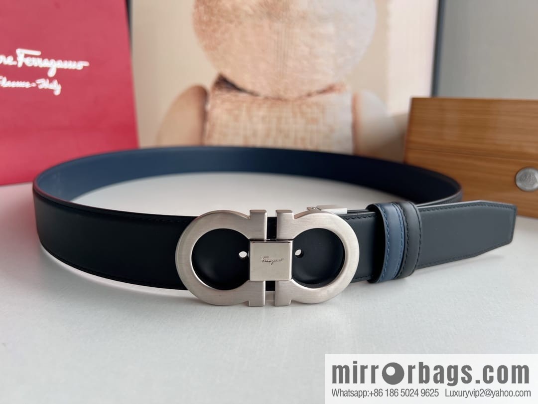 Ferragamo Men's Counter Match Metal Buckle, First Layer Cowhide Double-sided External Belt