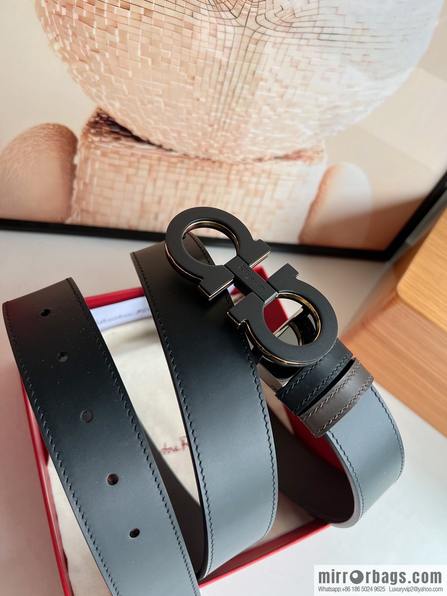 Salvatore Ferragamo Men's 3.5cm Exquisite Double Ring Metal Triple Clamp Buckle with First Cowhide Double Sided Belt