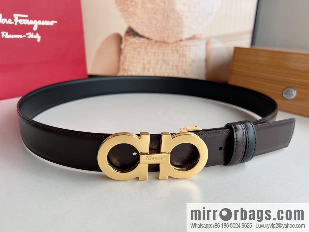 Salvatore Ferragamo Men's 3.5cm Exquisite Double Ring Metal Triple Clamp Buckle with First Cowhide Double Sided Belt
