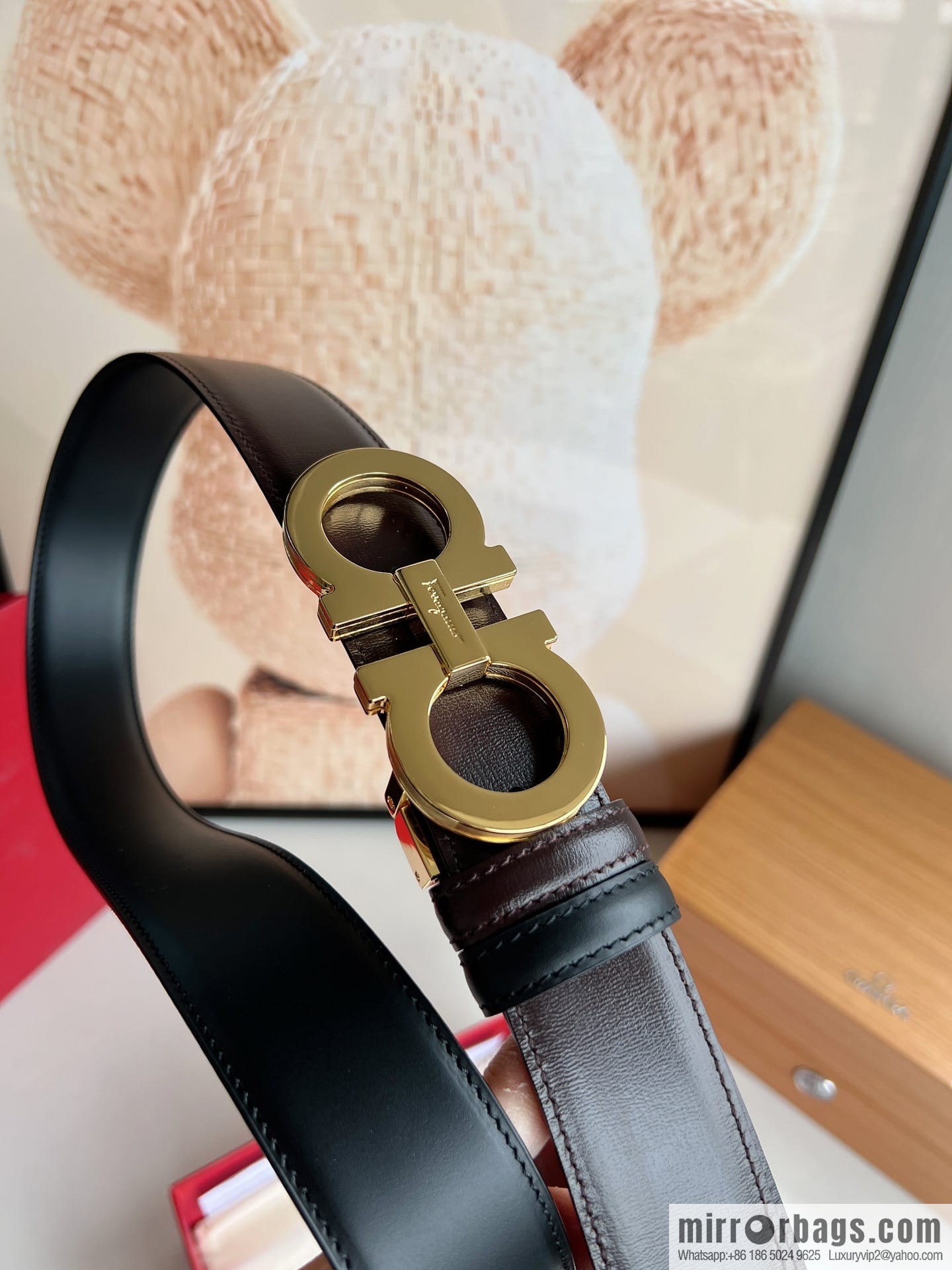 Salvatore Ferragamo Men's 3.5cm Exquisite Double Ring Metal Triple Clamp Buckle with First Cowhide Double Sided Belt