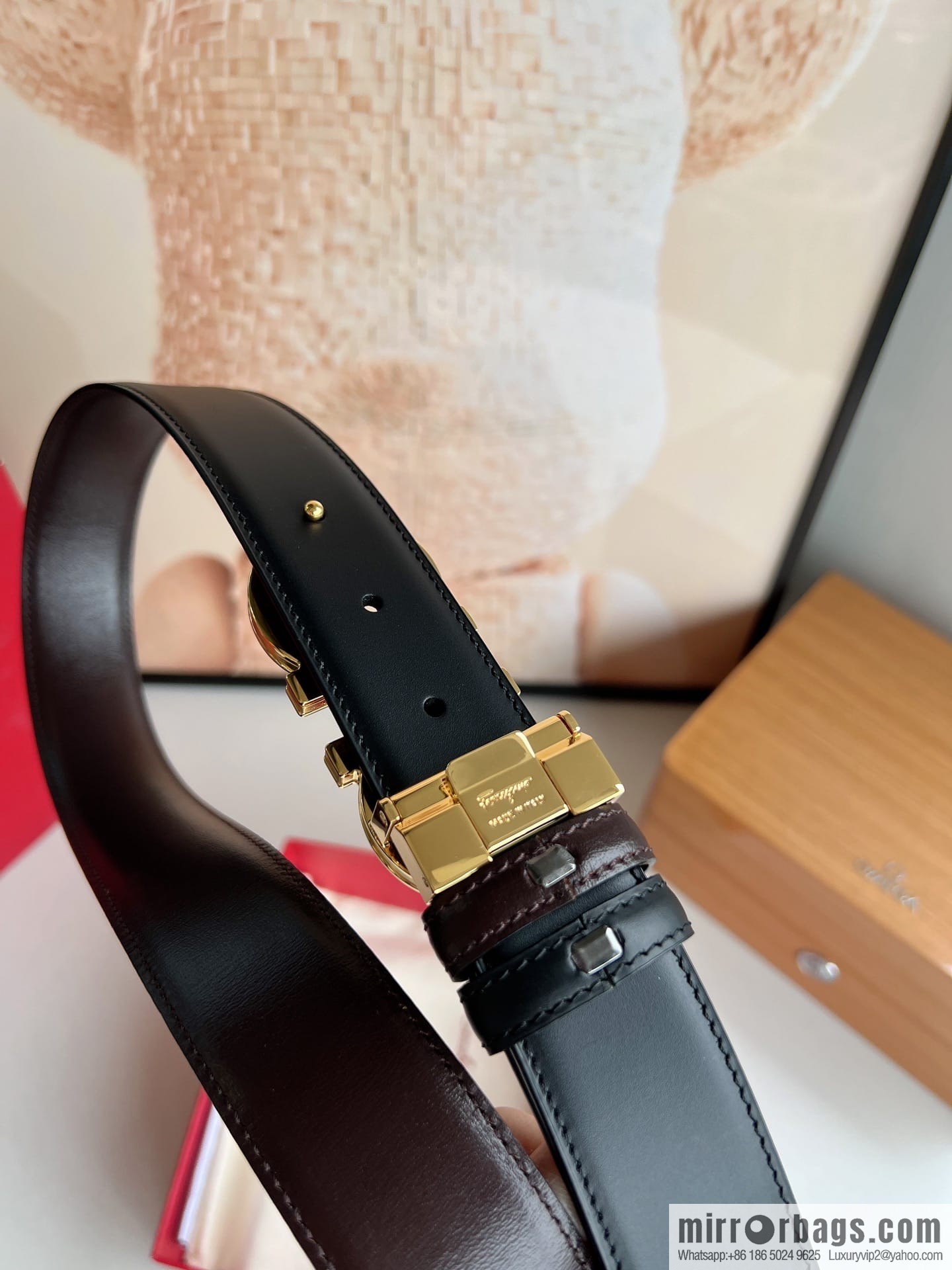 Salvatore Ferragamo Men's 3.5cm Exquisite Double Ring Metal Triple Clamp Buckle with First Cowhide Double Sided Belt