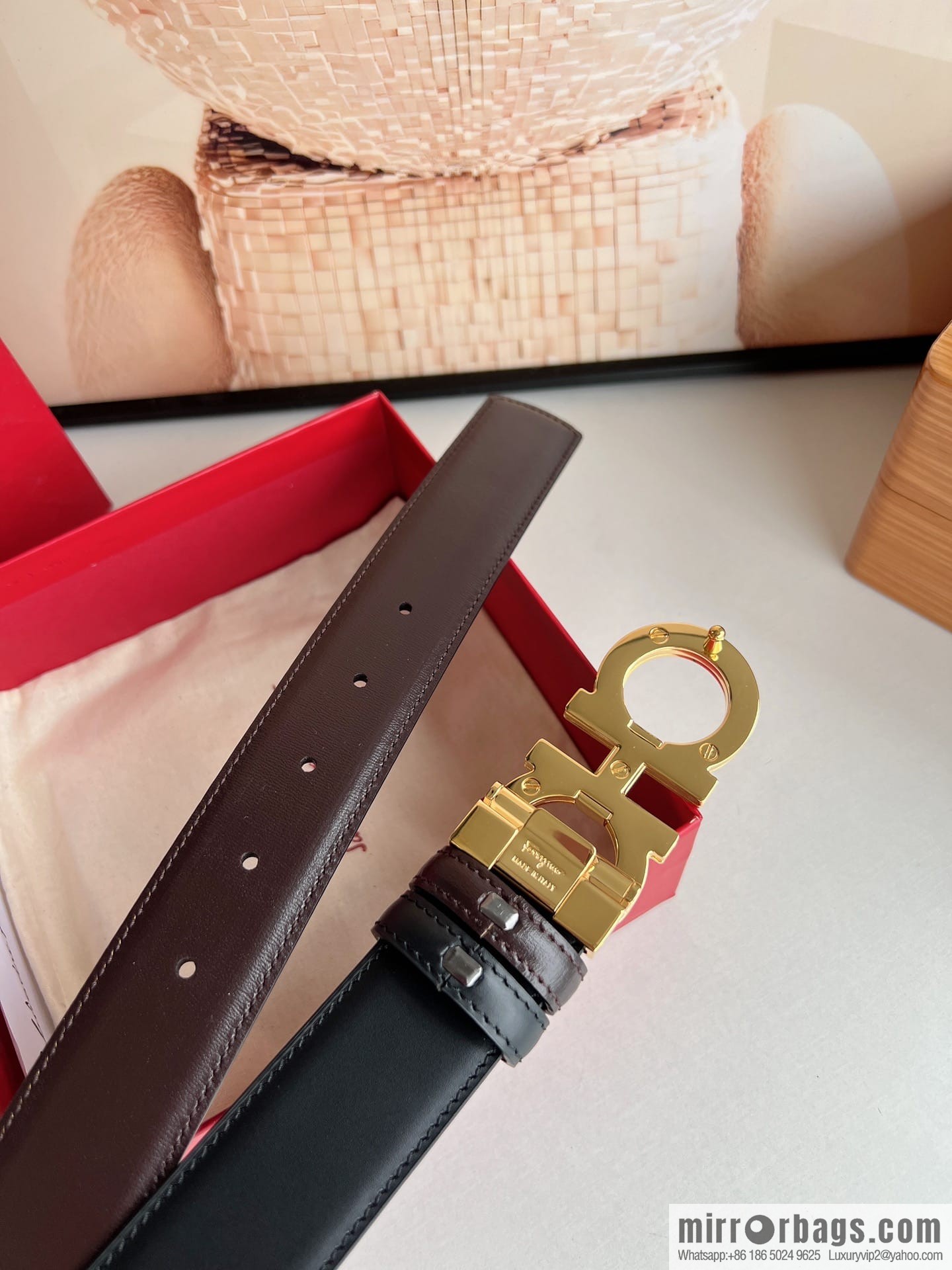 Salvatore Ferragamo Men's 3.5cm Exquisite Double Ring Metal Triple Clamp Buckle with First Cowhide Double Sided Belt