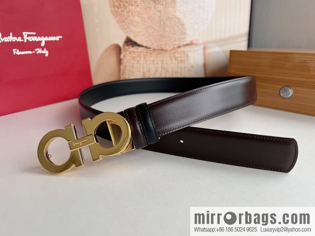 Salvatore Ferragamo Men's 3.5cm Exquisite Double Ring Metal Triple Clamp Buckle with First Cowhide Double Sided Belt