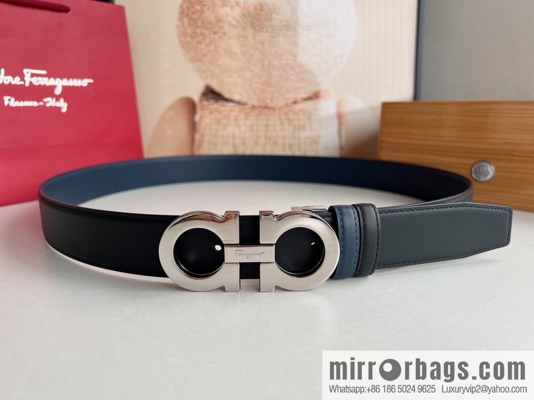 Salvatore Ferragamo Men's 3.5cm Exquisite Double Ring Metal Triple Clamp Buckle with First Cowhide Double Sided Belt