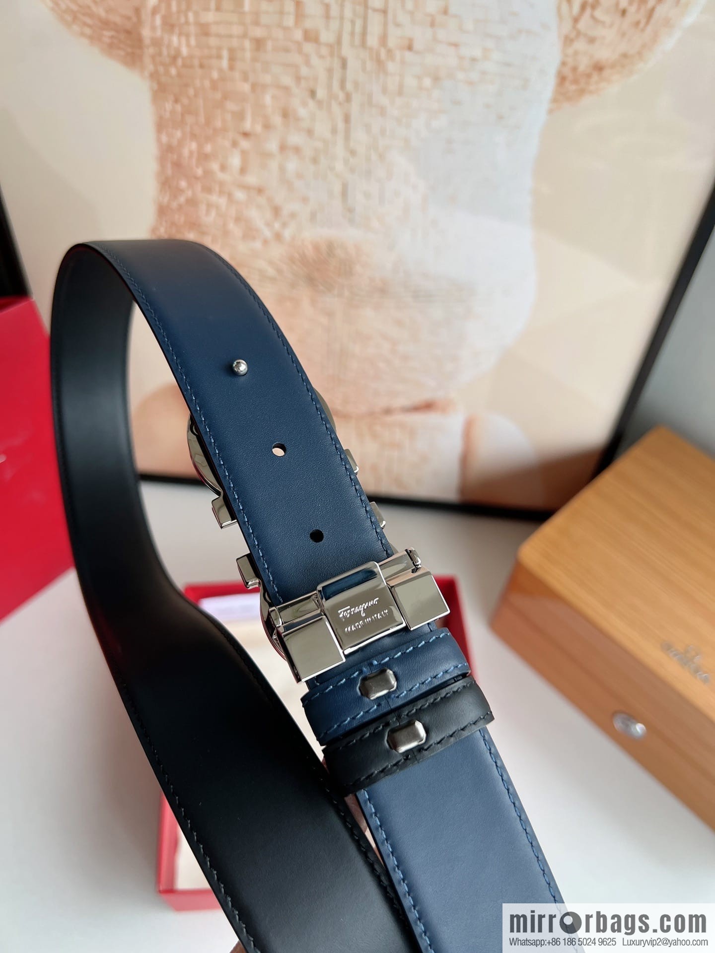 Salvatore Ferragamo Men's 3.5cm Exquisite Double Ring Metal Triple Clamp Buckle with First Cowhide Double Sided Belt