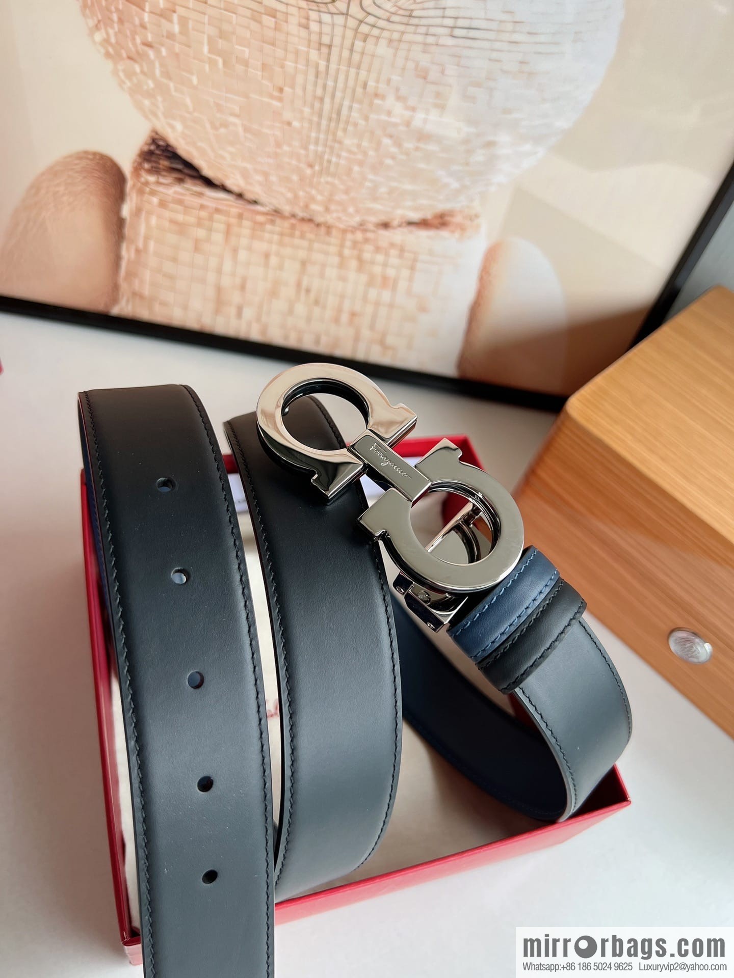 Salvatore Ferragamo Men's 3.5cm Exquisite Double Ring Metal Triple Clamp Buckle with First Cowhide Double Sided Belt