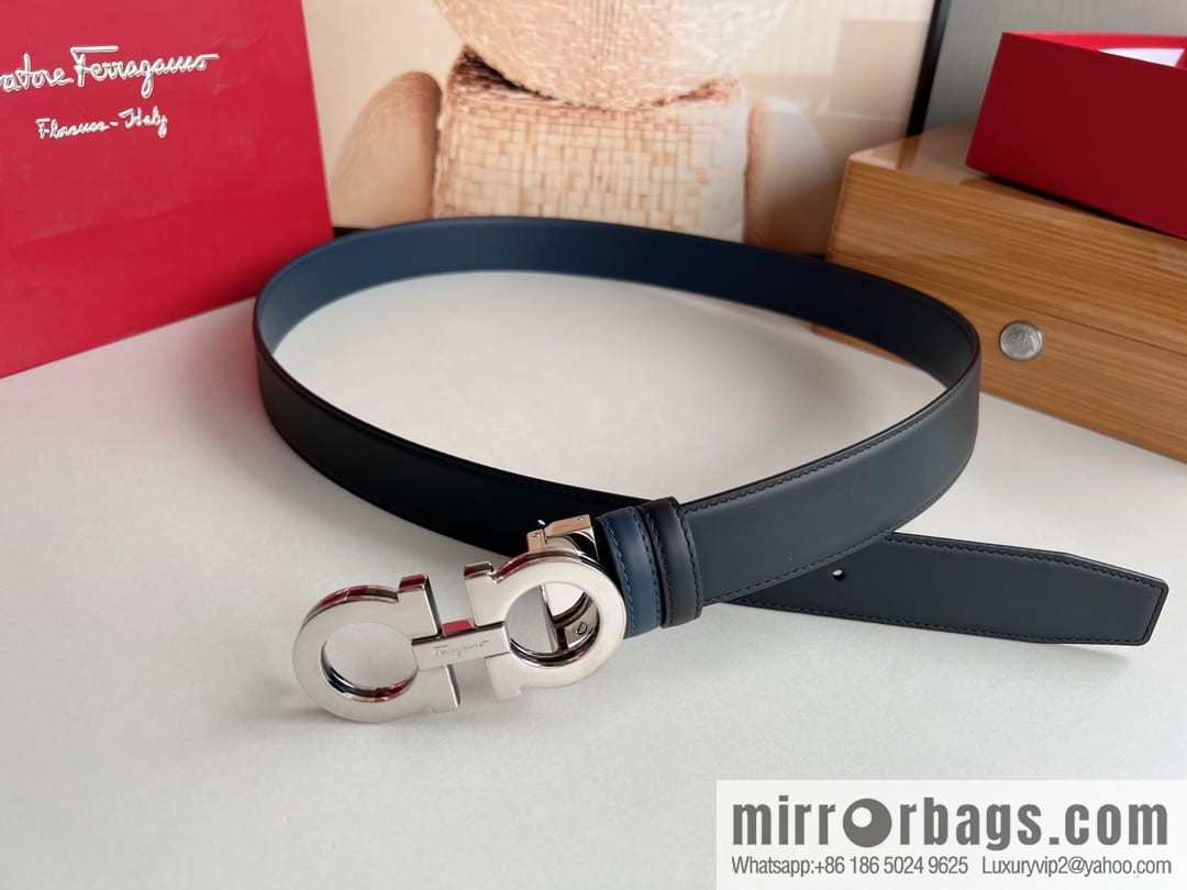 Salvatore Ferragamo Men's 3.5cm Exquisite Double Ring Metal Triple Clamp Buckle with First Cowhide Double Sided Belt