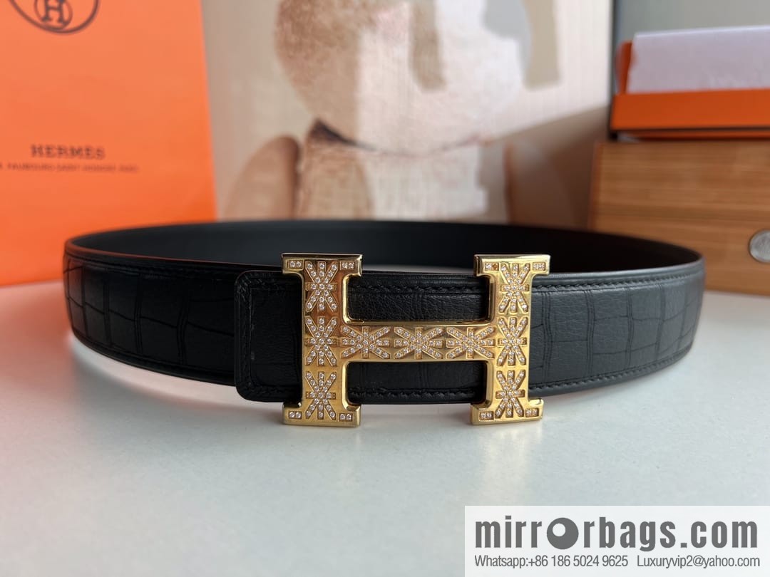 Hermes Hermes, men's 3.8cm stainless steel H inlaid diamond buckle belt