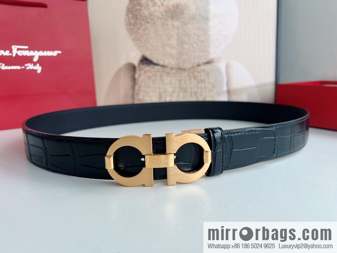 Ferragamo Ferragamo, stainless steel figure 8 metal buckle top layer cowhide alligator texture men's belt
