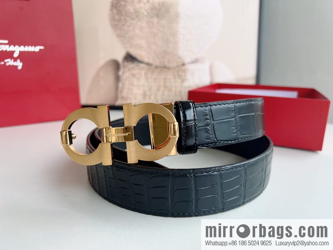Ferragamo Ferragamo, stainless steel figure 8 metal buckle top layer cowhide alligator texture men's belt