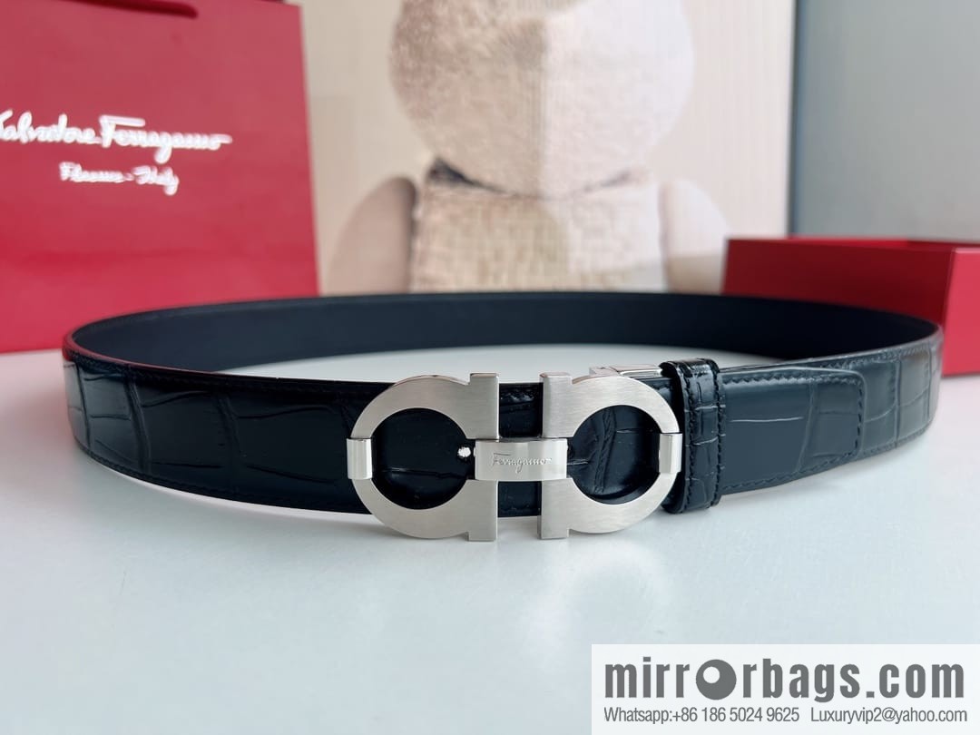 Ferragamo Ferragamo, stainless steel figure 8 metal buckle top layer cowhide alligator texture men's belt