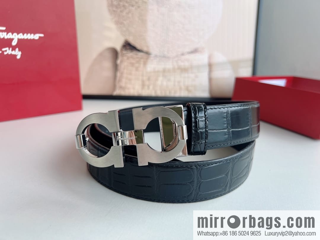 Ferragamo Ferragamo, stainless steel figure 8 metal buckle top layer cowhide alligator texture men's belt