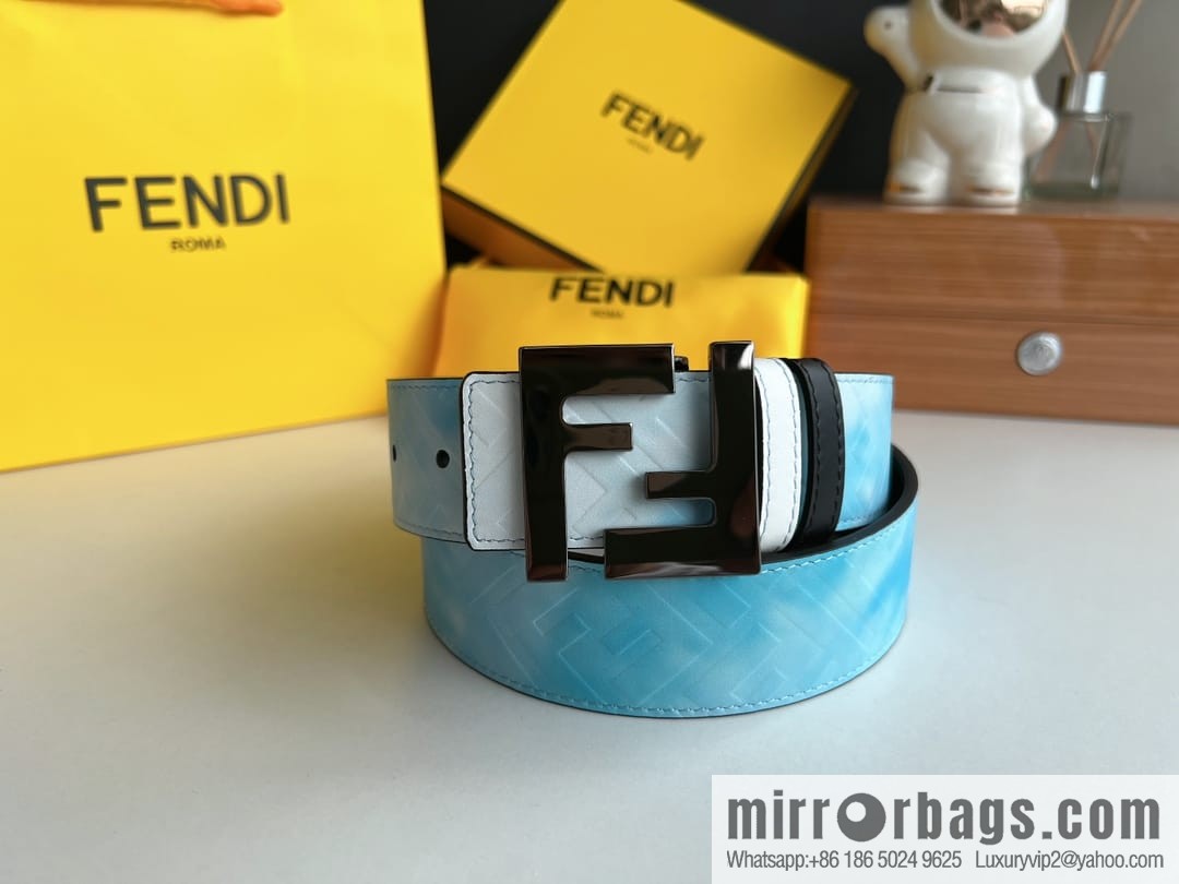 FENDI's latest extraordinary creative gradual change printing light blue double FF cowhide belt 4.0cm