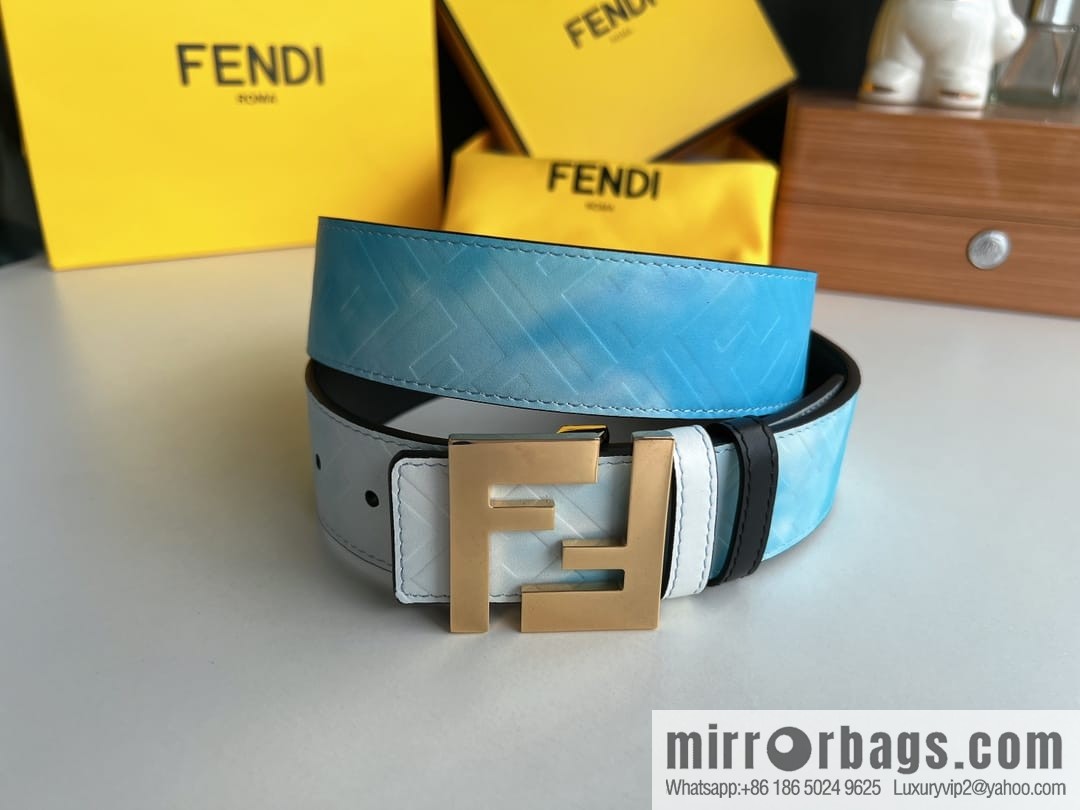 FENDI's latest extraordinary creative gradual change printing light blue double FF cowhide belt 4.0cm