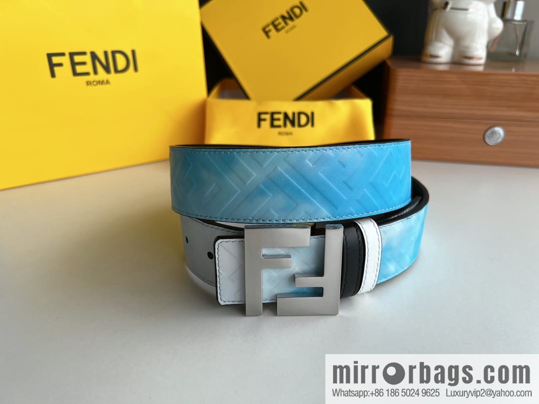 FENDI's latest extraordinary creative gradual change printing light blue double FF cowhide belt 4.0cm