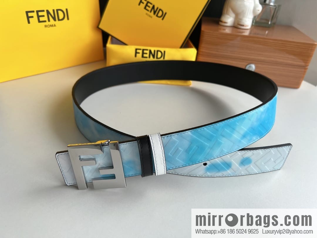 FENDI's latest extraordinary creative gradual change printing light blue double FF cowhide belt 4.0cm