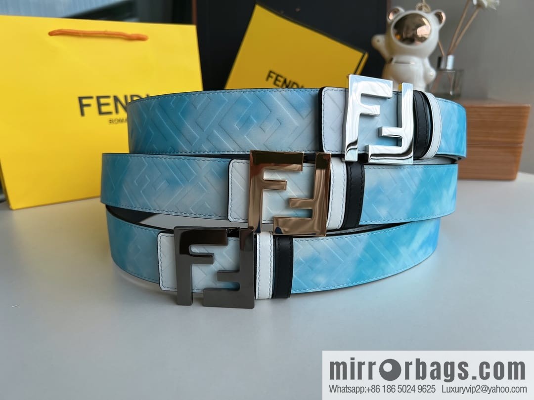 FENDI's latest extraordinary creative gradual change printing light blue double FF cowhide belt 4.0cm