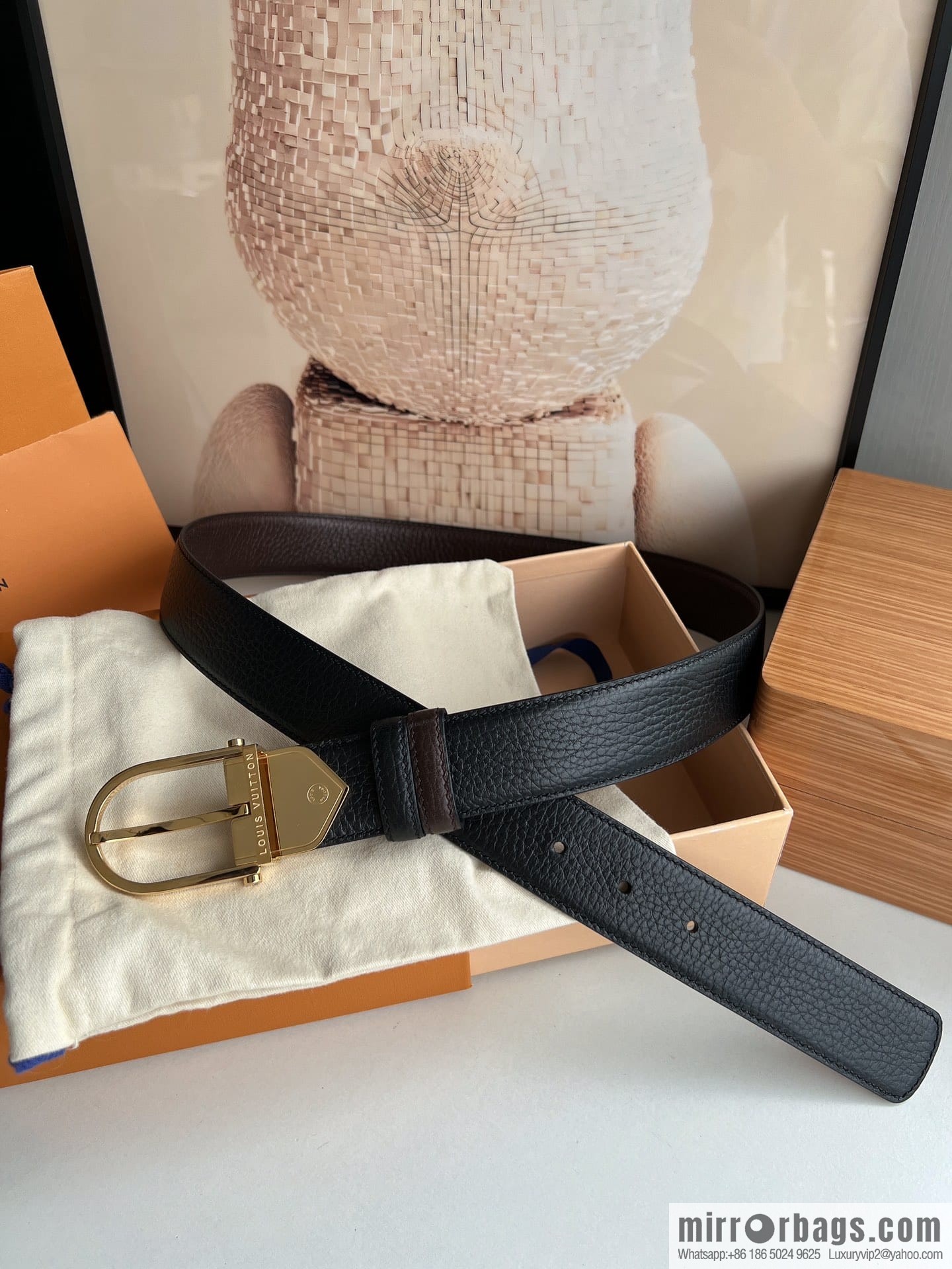 LV/Louis Vuitton, imported first-layer cowhide double-sided men's belt 35MM