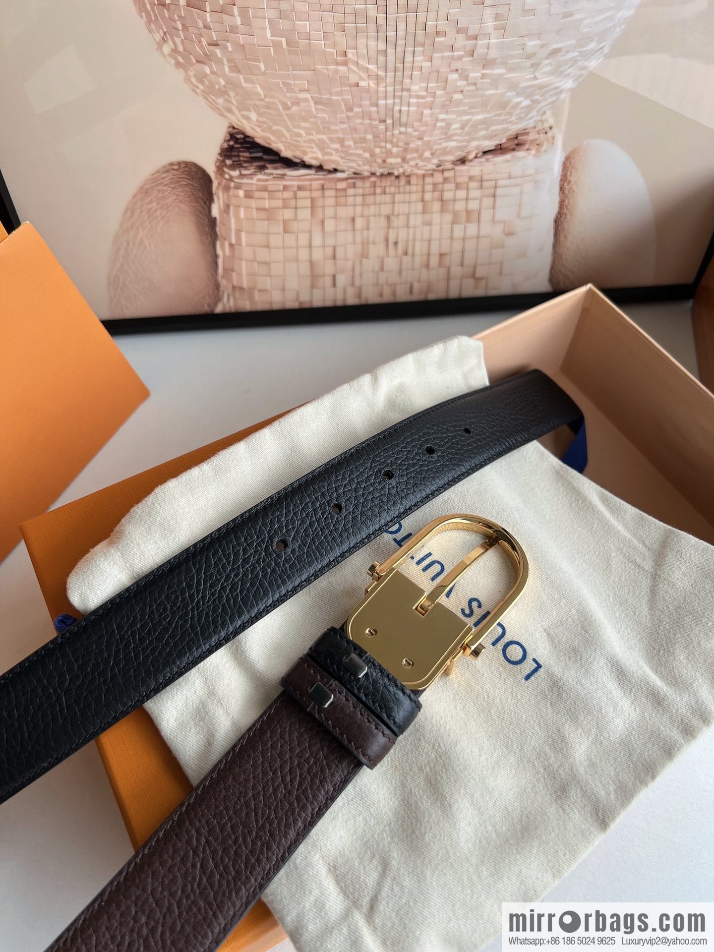 LV/Louis Vuitton, imported first-layer cowhide double-sided men's belt 35MM
