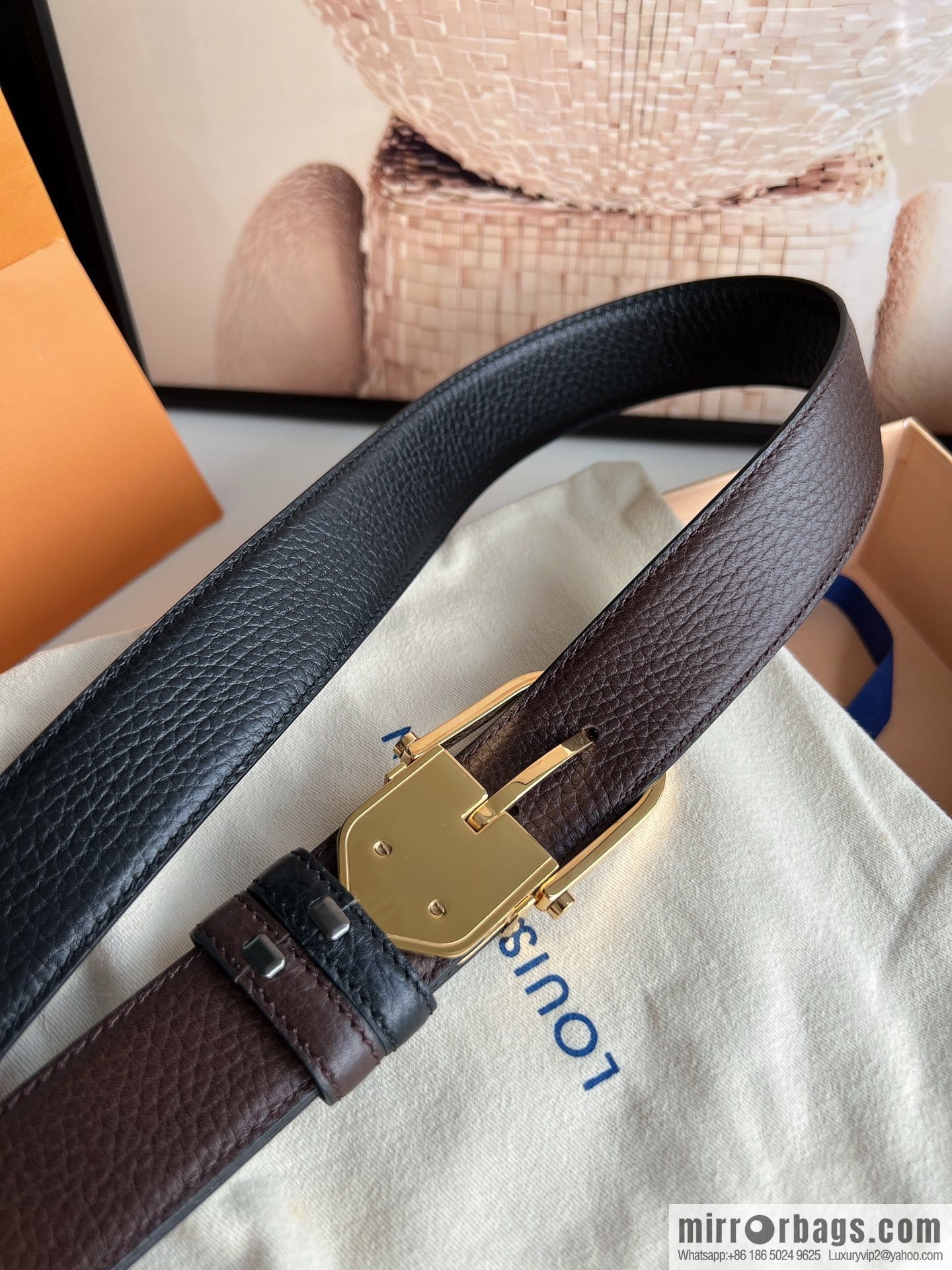LV/Louis Vuitton, imported first-layer cowhide double-sided men's belt 35MM