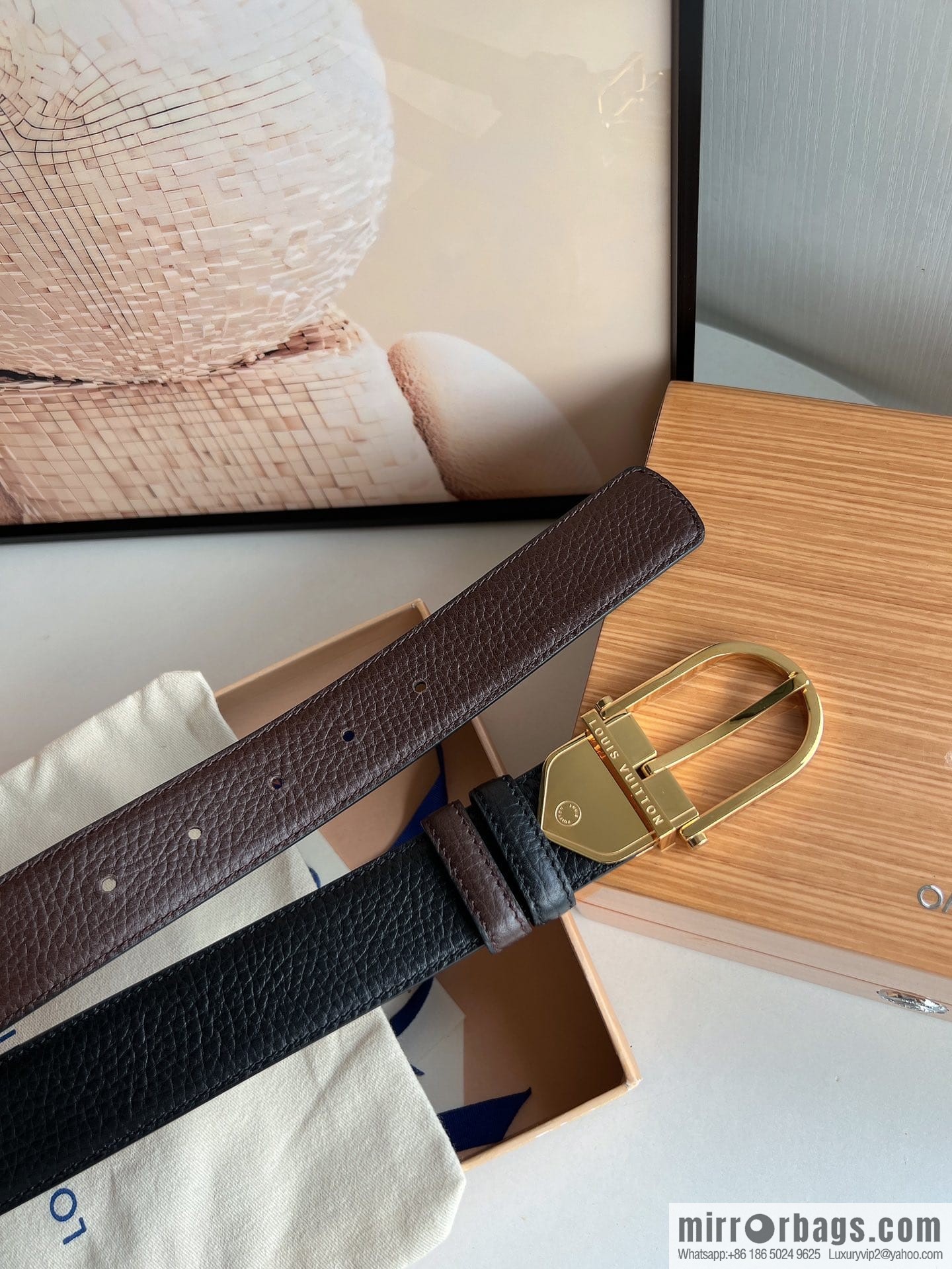 LV/Louis Vuitton, imported first-layer cowhide double-sided men's belt 35MM