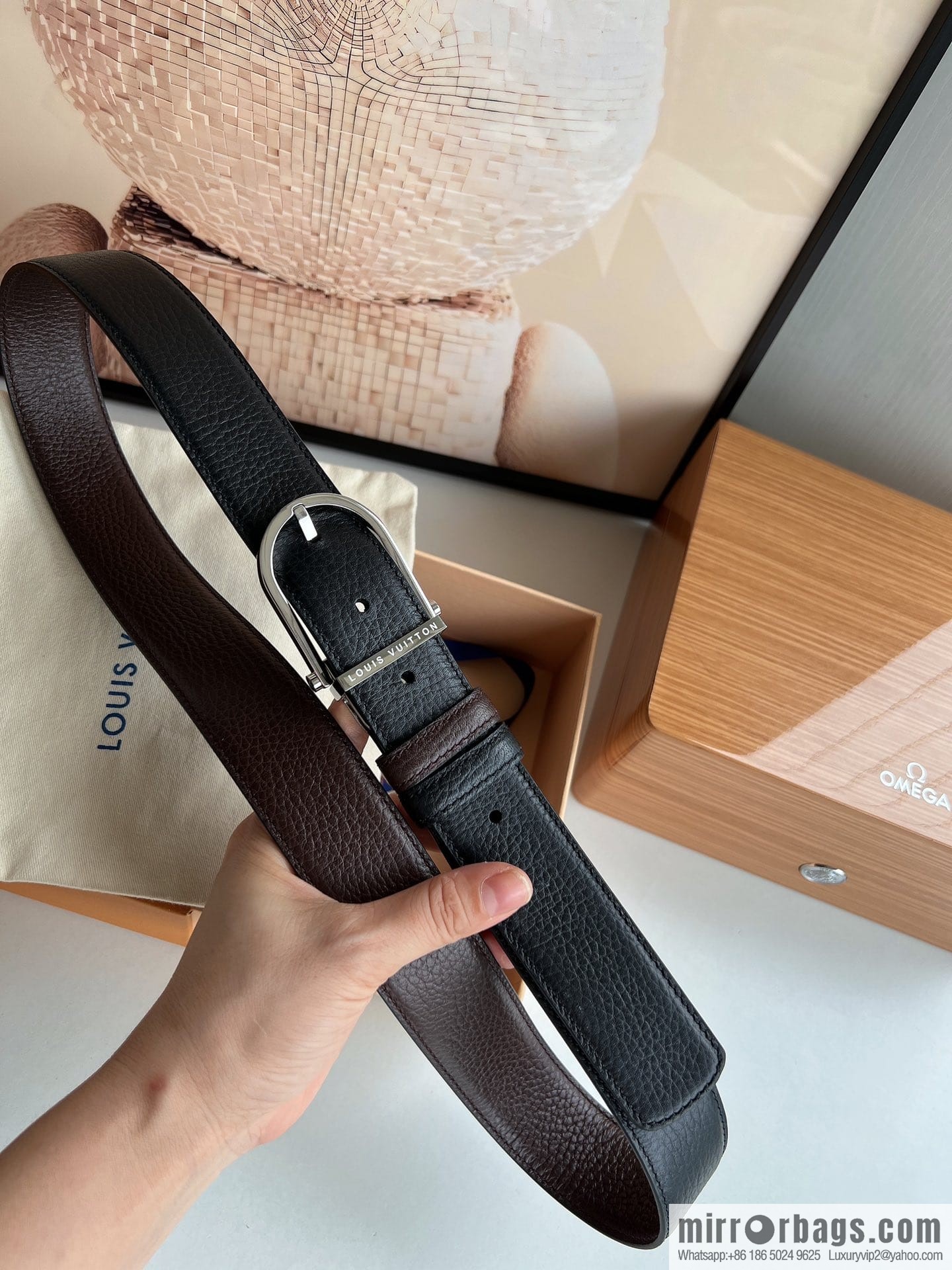 LV/Louis Vuitton, imported first-layer cowhide double-sided men's belt 35MM