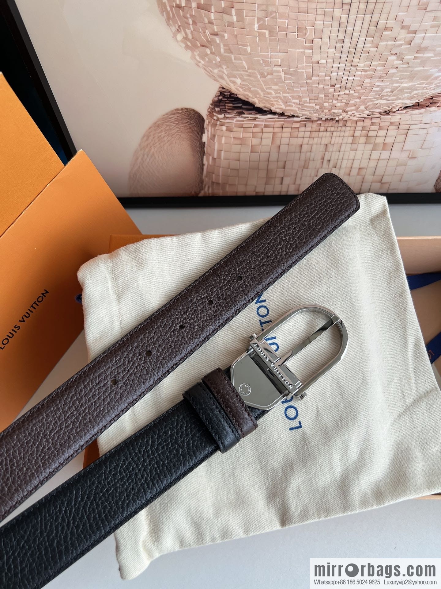 LV/Louis Vuitton, imported first-layer cowhide double-sided men's belt 35MM