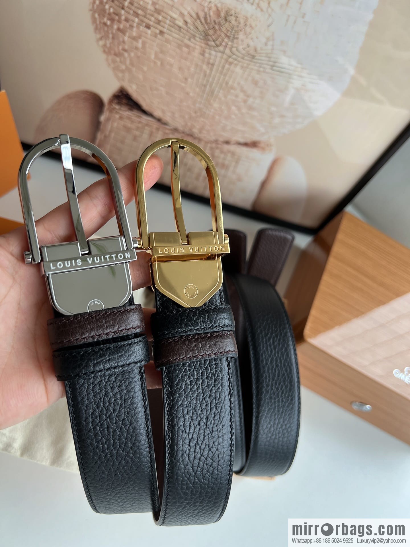 LV/Louis Vuitton, imported first-layer cowhide double-sided men's belt 35MM