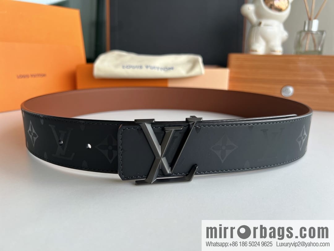 LV/Louis Vuitton, black flower men's double-sided PYRAMIDE calfskin brown belt