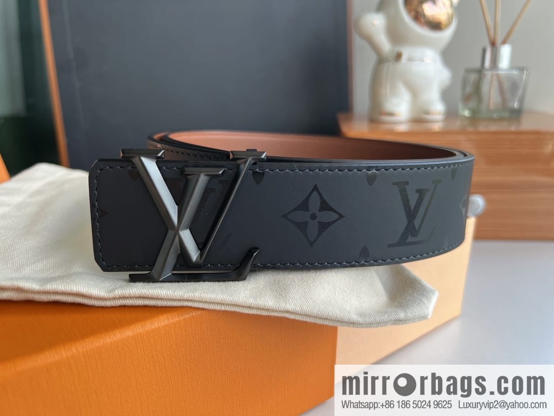 LV/Louis Vuitton, black flower men's double-sided PYRAMIDE calfskin brown belt