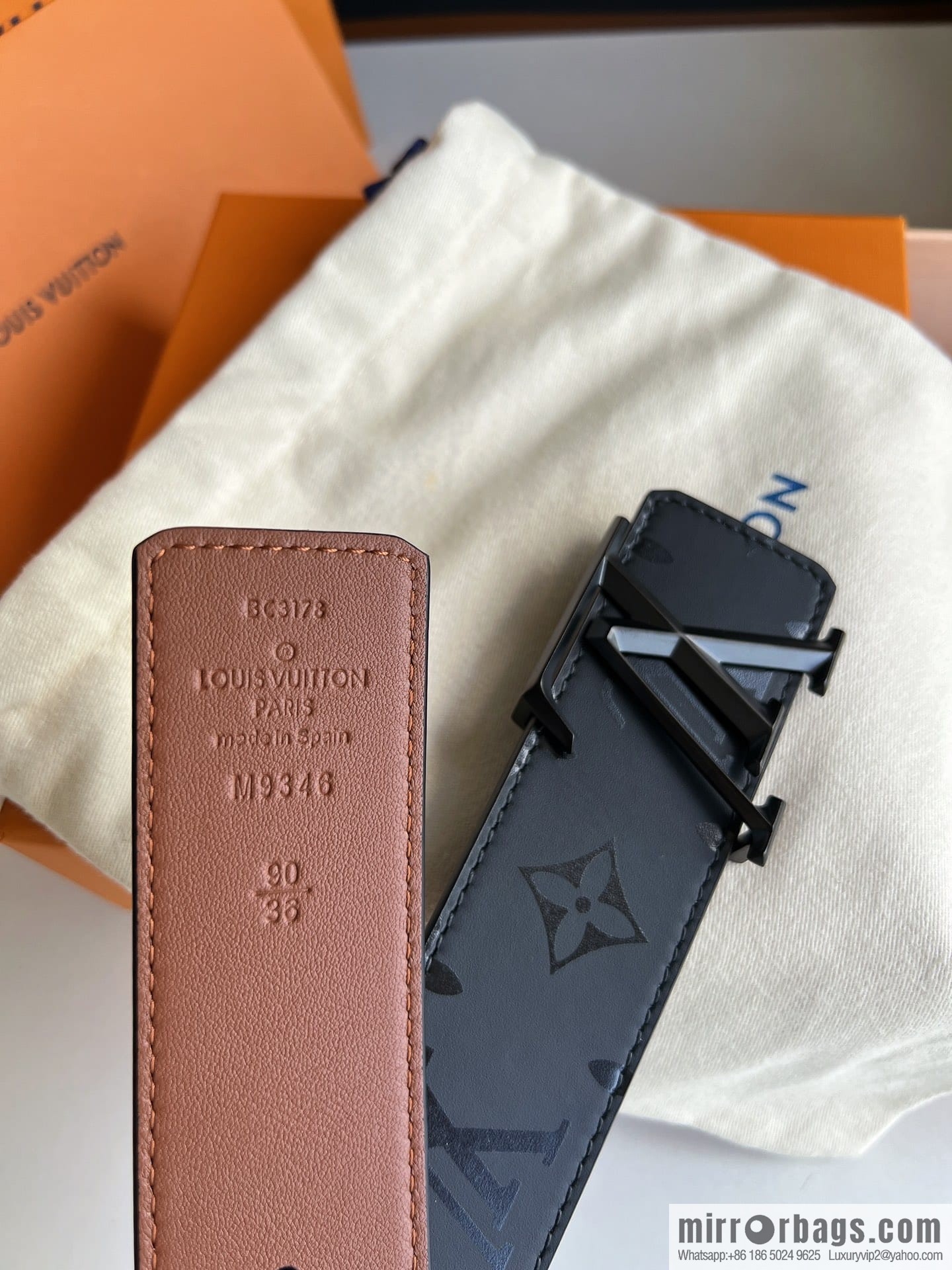 LV/Louis Vuitton, black flower men's double-sided PYRAMIDE calfskin brown belt