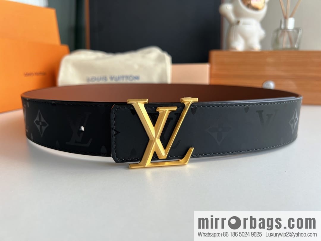 LV/Louis Vuitton, black flower men's double-sided PYRAMIDE calfskin brown belt