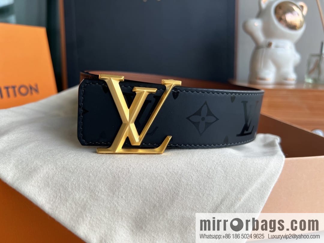 LV/Louis Vuitton, black flower men's double-sided PYRAMIDE calfskin brown belt
