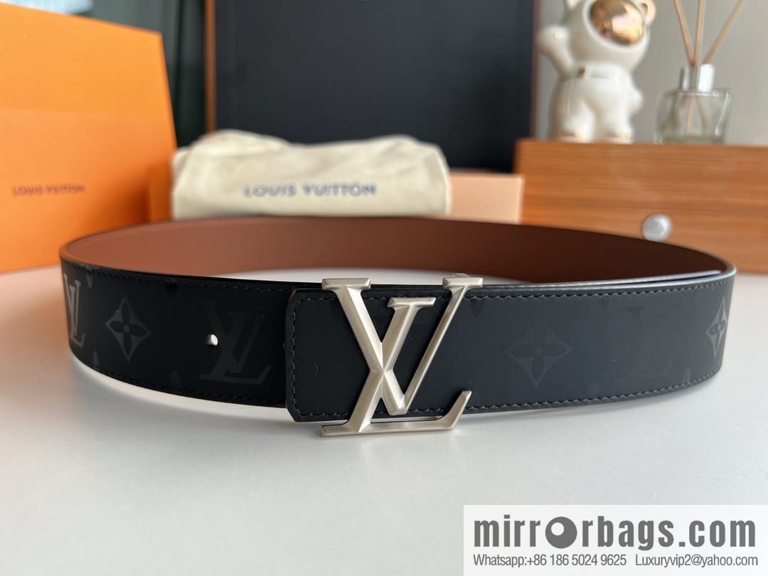 LV/Louis Vuitton, black flower men's double-sided PYRAMIDE calfskin brown belt