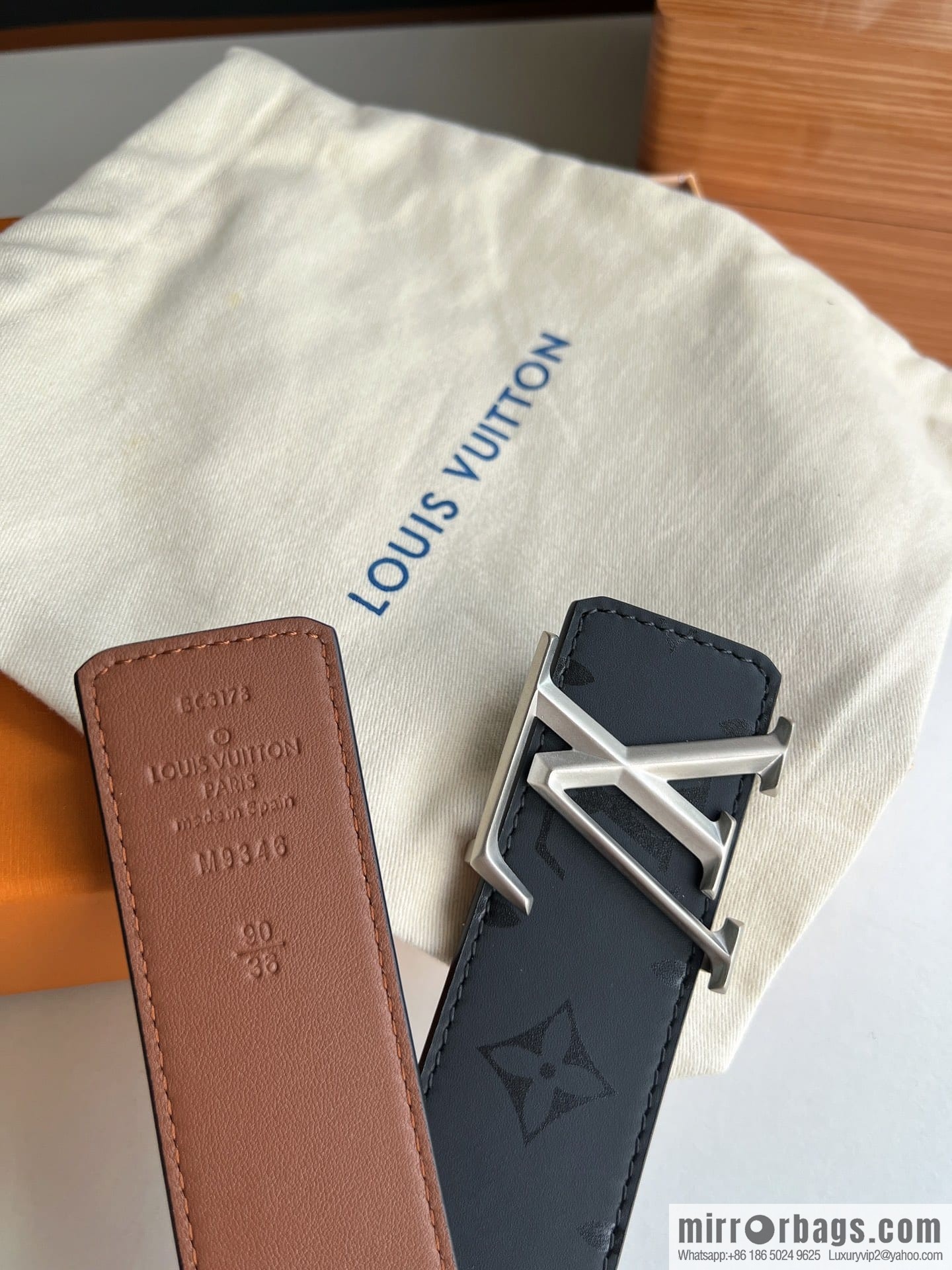 LV/Louis Vuitton, black flower men's double-sided PYRAMIDE calfskin brown belt