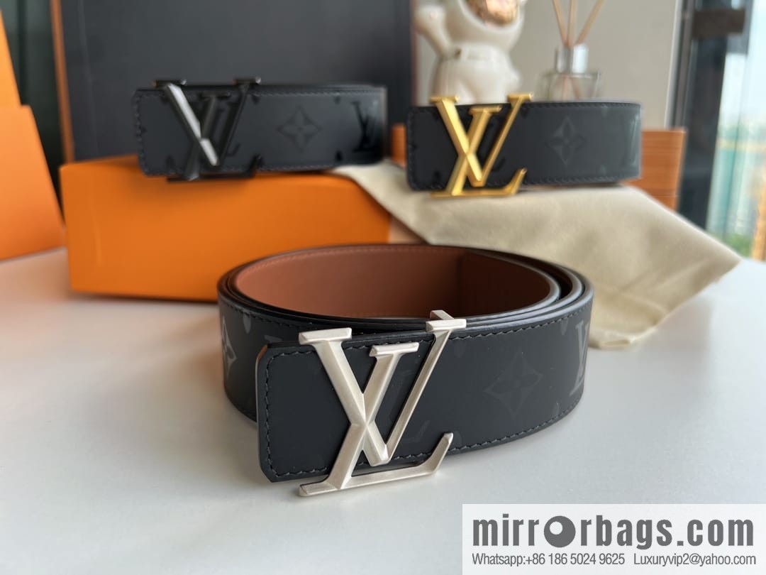 LV/Louis Vuitton, black flower men's double-sided PYRAMIDE calfskin brown belt