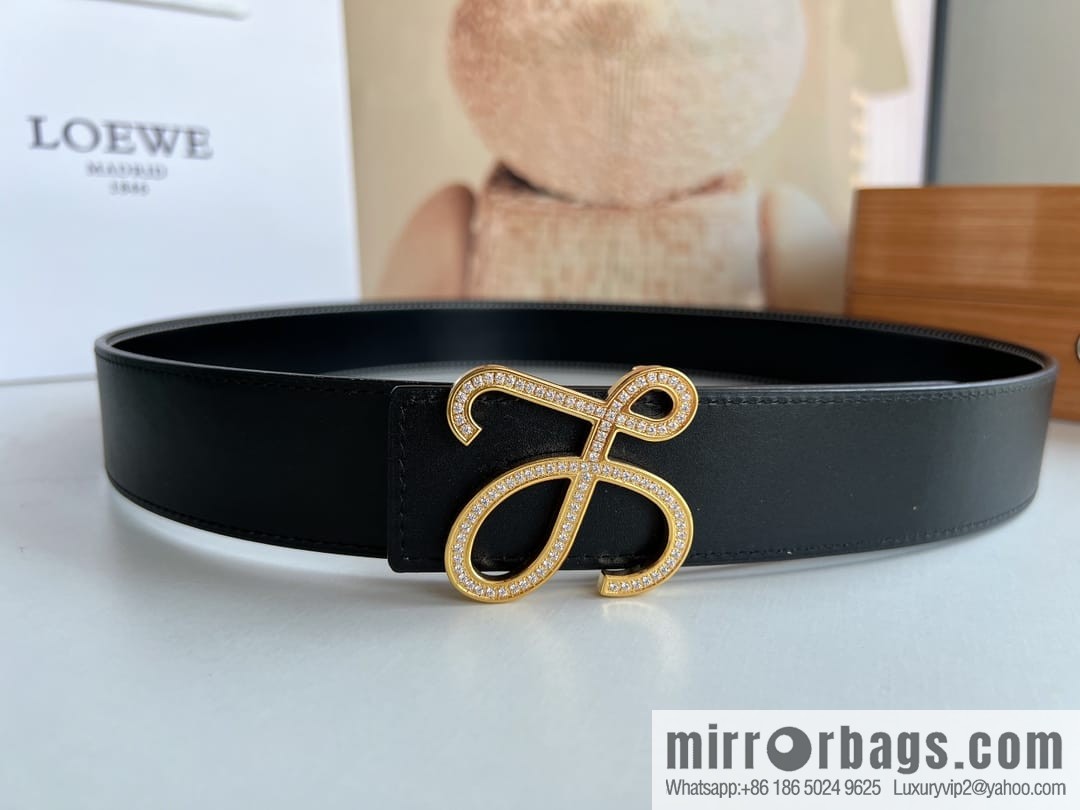 Loewe stainless steel logo inlaid diamond buckle combined with the first layer of cowhide double-sided external boutique belt 3.8cm
