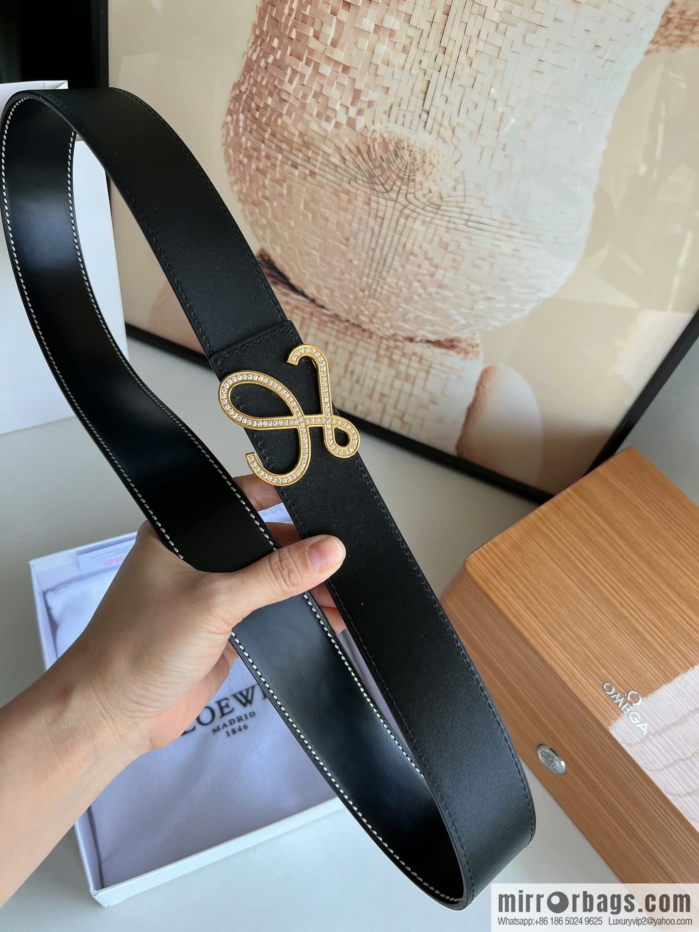Loewe stainless steel logo inlaid diamond buckle combined with the first layer of cowhide double-sided external boutique belt 3.8cm