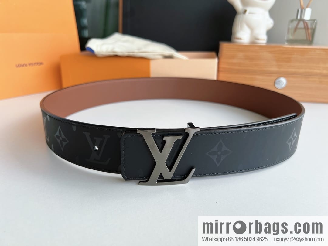 LV/Louis Vuitton, black flower men's double-sided PYRAMIDE calfskin brown belt
