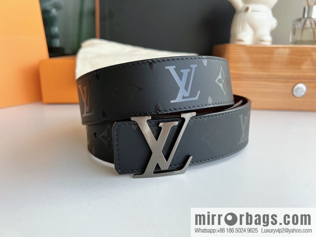 LV/Louis Vuitton, black flower men's double-sided PYRAMIDE calfskin brown belt