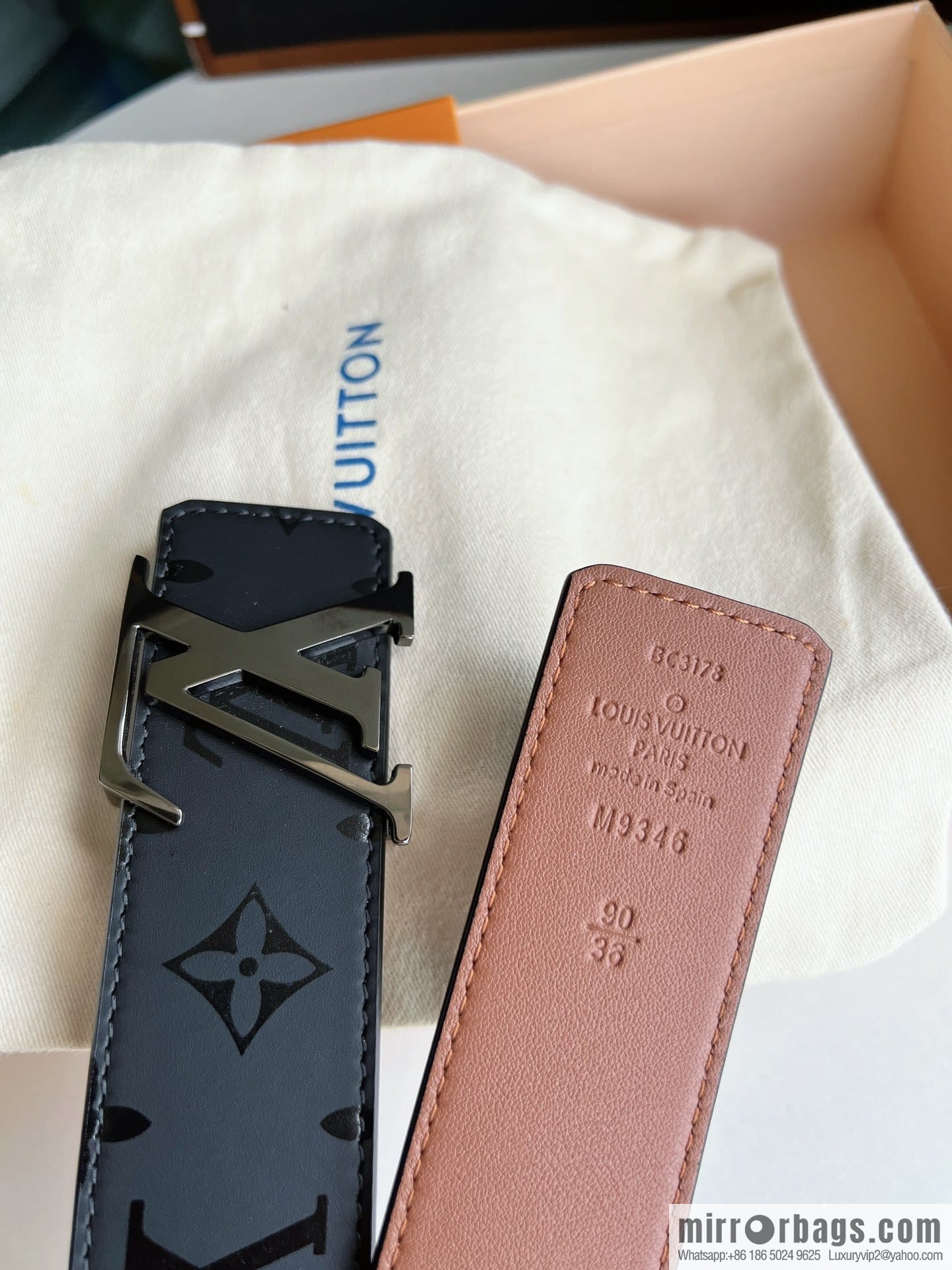 LV/Louis Vuitton, black flower men's double-sided PYRAMIDE calfskin brown belt