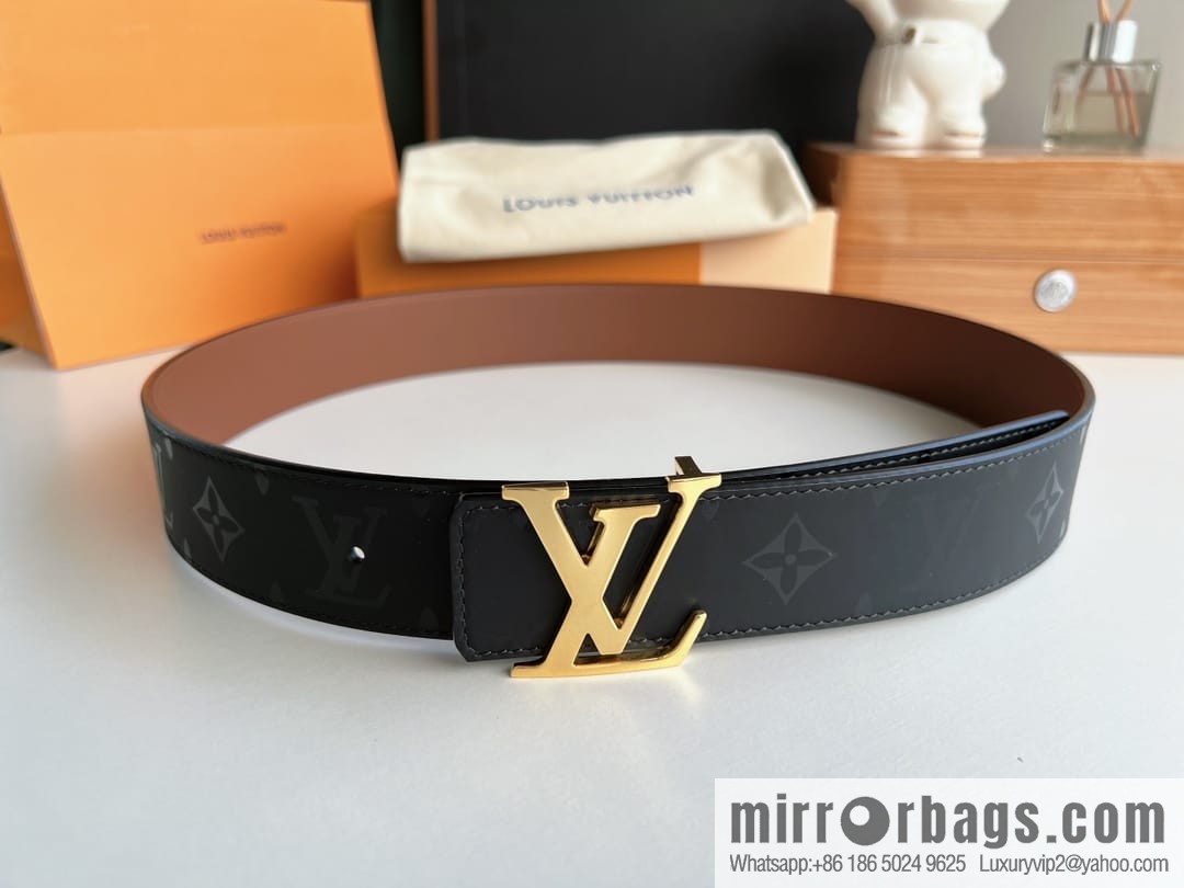 LV/Louis Vuitton, black flower men's double-sided PYRAMIDE calfskin brown belt