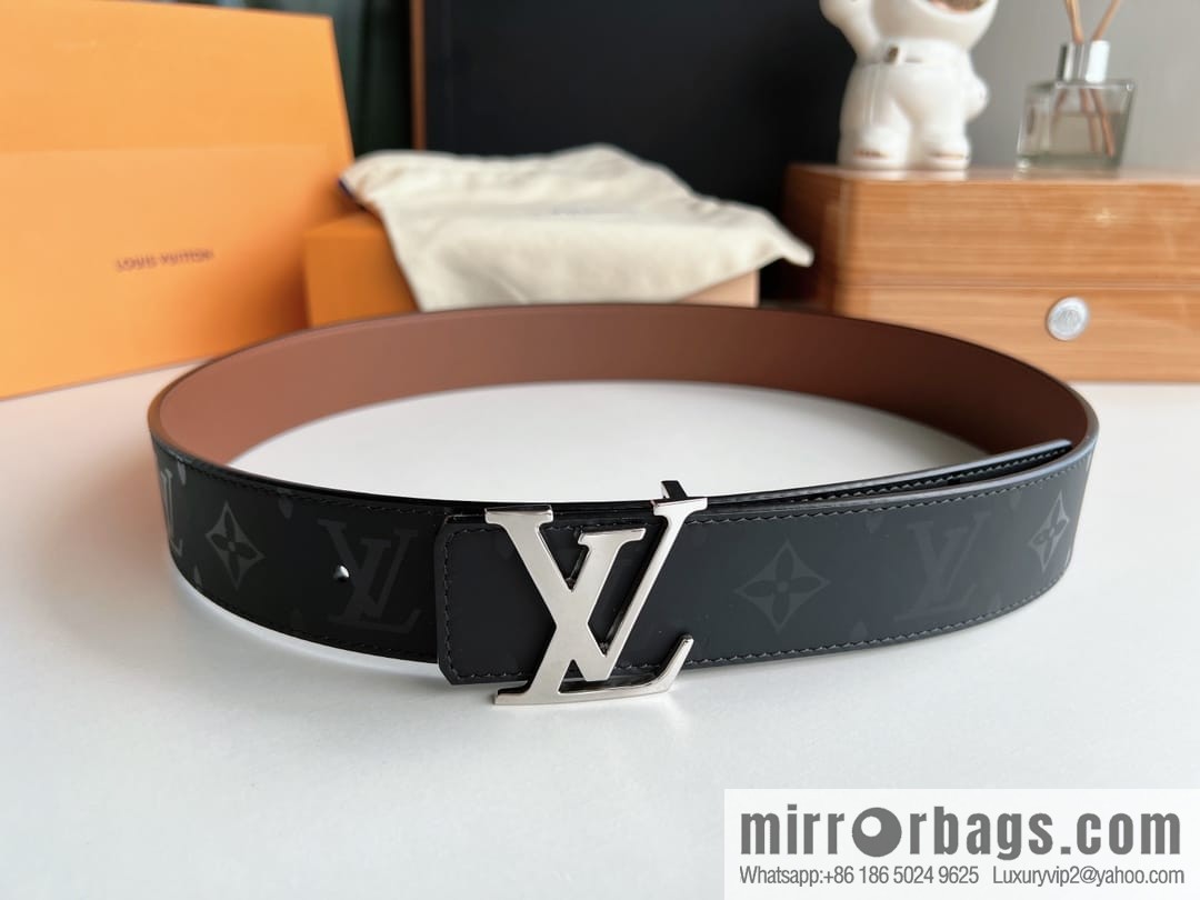 LV/Louis Vuitton, black flower men's double-sided PYRAMIDE calfskin brown belt