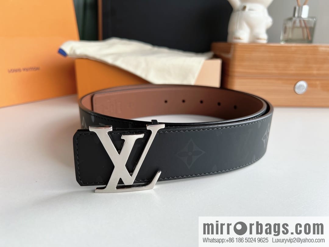 LV/Louis Vuitton, black flower men's double-sided PYRAMIDE calfskin brown belt