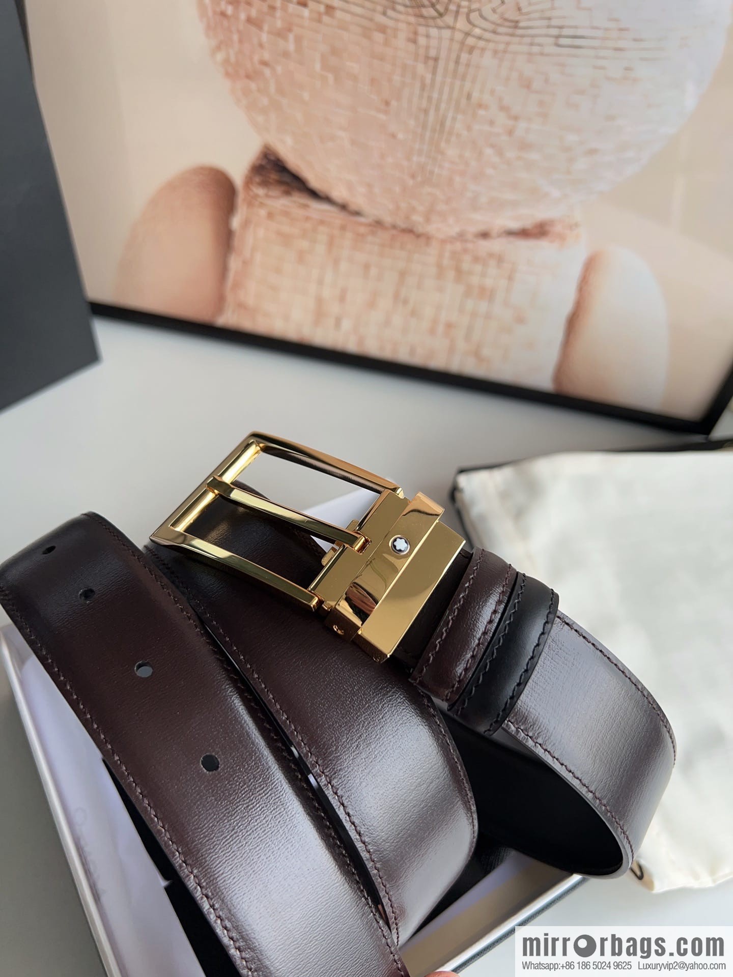 MONTBLANC Montblanc 3.5 wide and simple hexagram chic pin metal buckle first layer cowhide double-sided belt