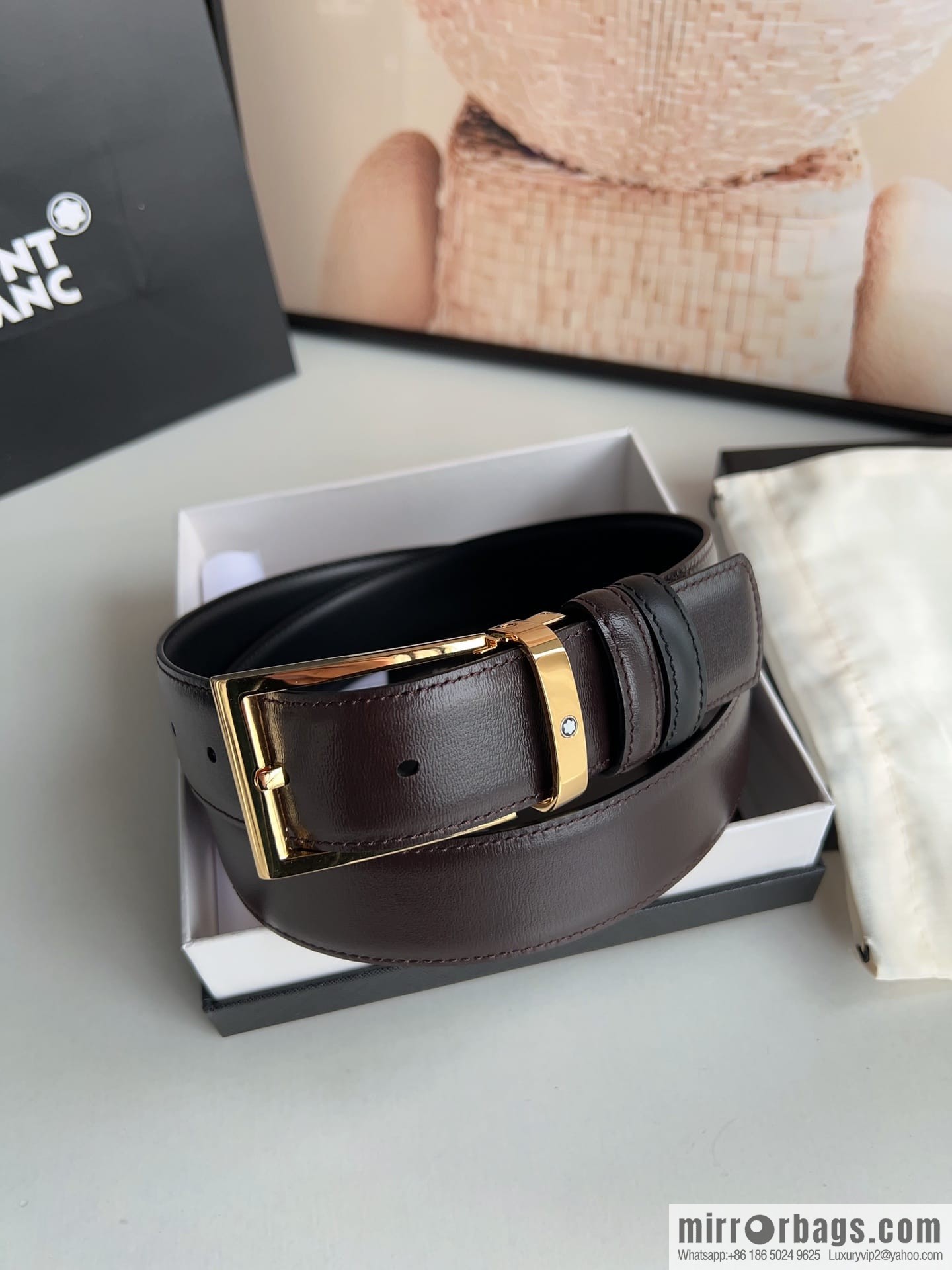 MONTBLANC Montblanc 3.5 wide and simple hexagram chic pin metal buckle first layer cowhide double-sided belt