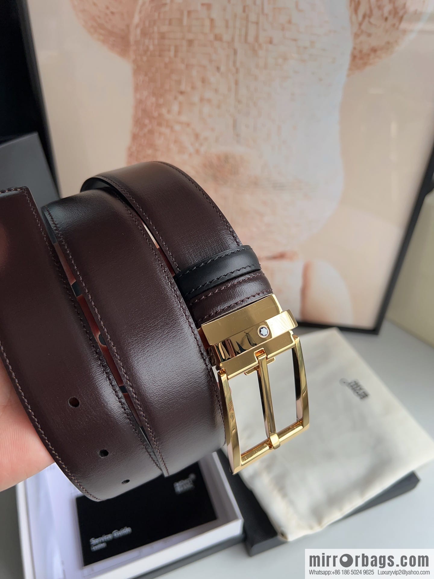 MONTBLANC Montblanc 3.5 wide and simple hexagram chic pin metal buckle first layer cowhide double-sided belt