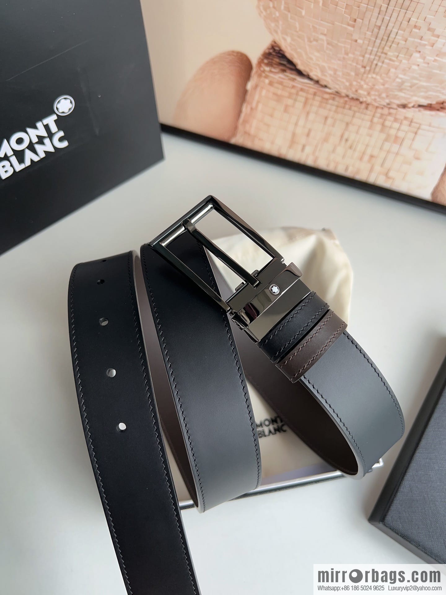 MONTBLANC Montblanc 3.5 wide and simple hexagram chic pin metal buckle first layer cowhide double-sided belt